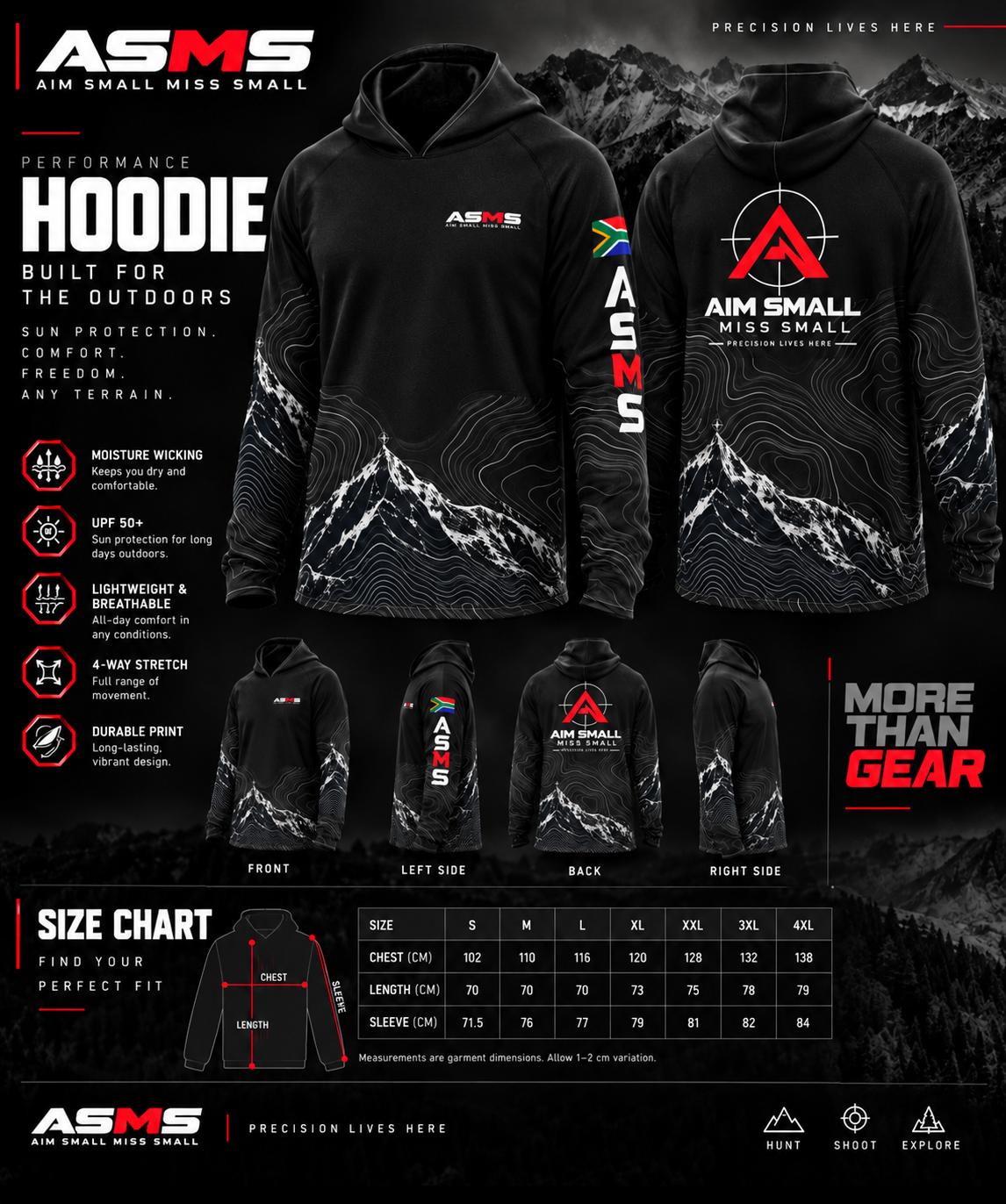 ASMS Performance Hoodie size chart
